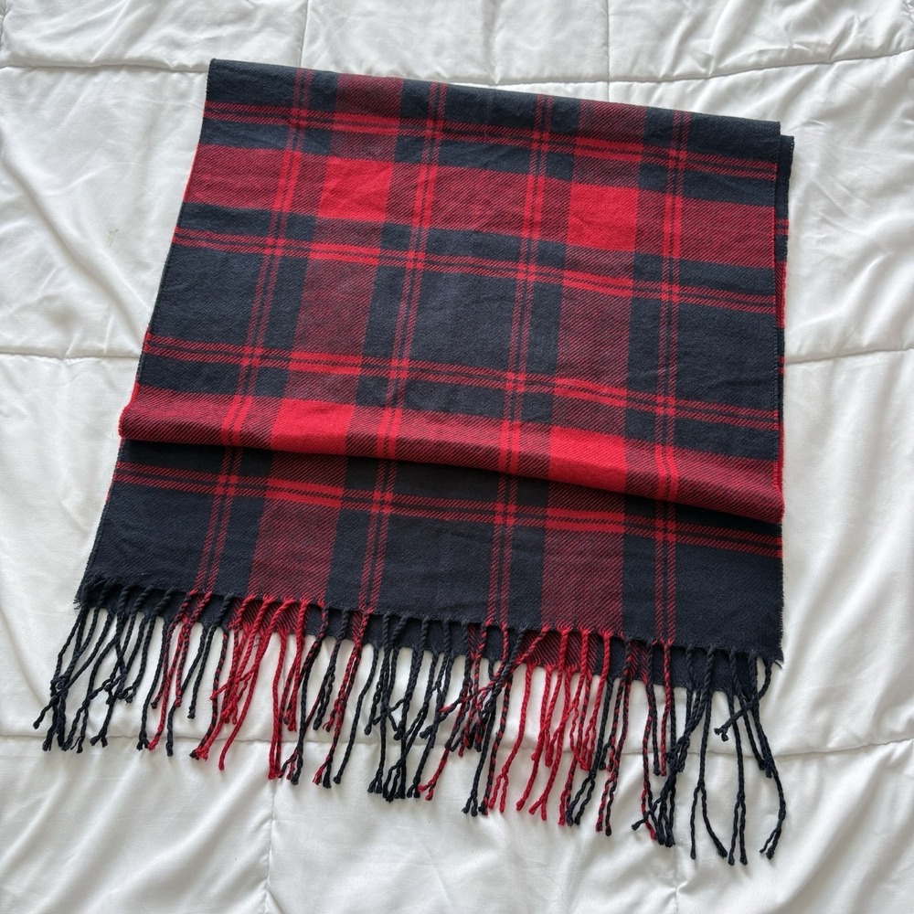 Abercrombie‎ & Fitch Fringe Plaid Scarf Red Black Winter Fall Quiet Luxury 21x78